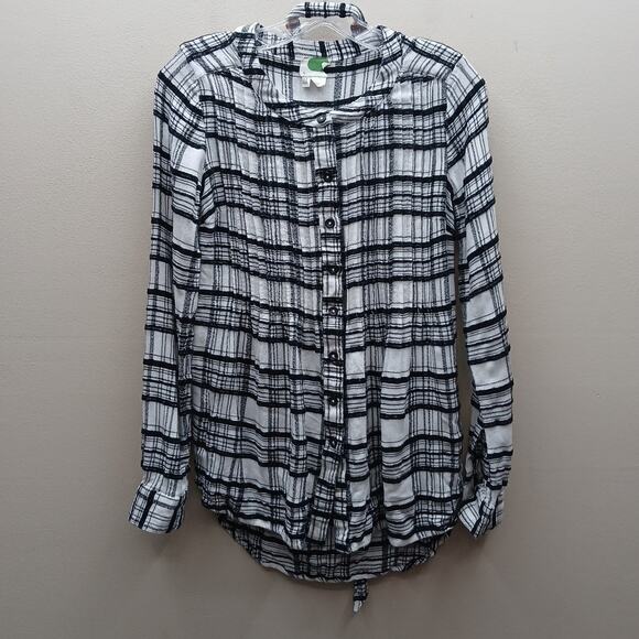 Anthropologie Plaid Pin Tuck Tunic Top Blouse Size 2 Black and White Waist Tie - Picture 2 of 4